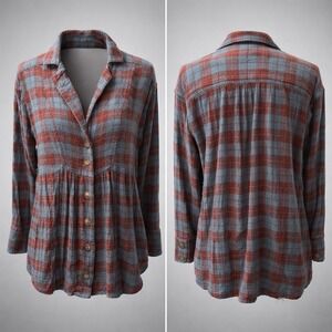 Free People Plaid Babydoll Tunic Top Blue Burgundy Wool Blend Small OB438258